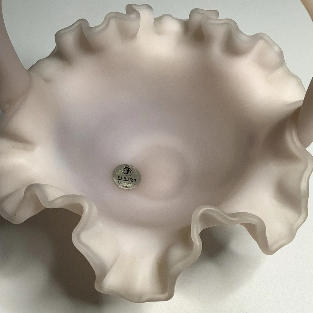 Fenton Pink Satin Glass Basket Ruffle Hearts & Flowers Hand Painted w/ Signature